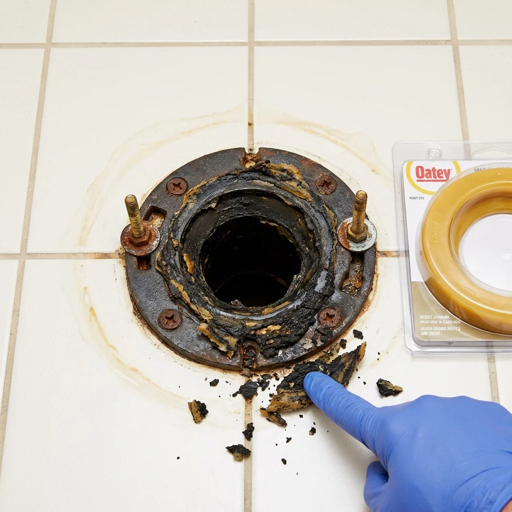 Failed wax ring showing water seepage at the base of a toilet in a Clarksville, AR home