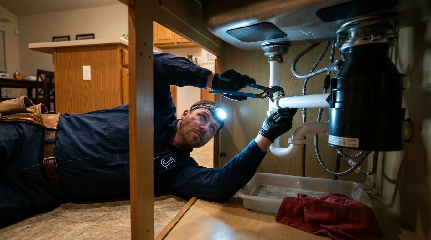 P-trap and supply line connections under a kitchen sink showing a common leak point in Clarksville, AR
